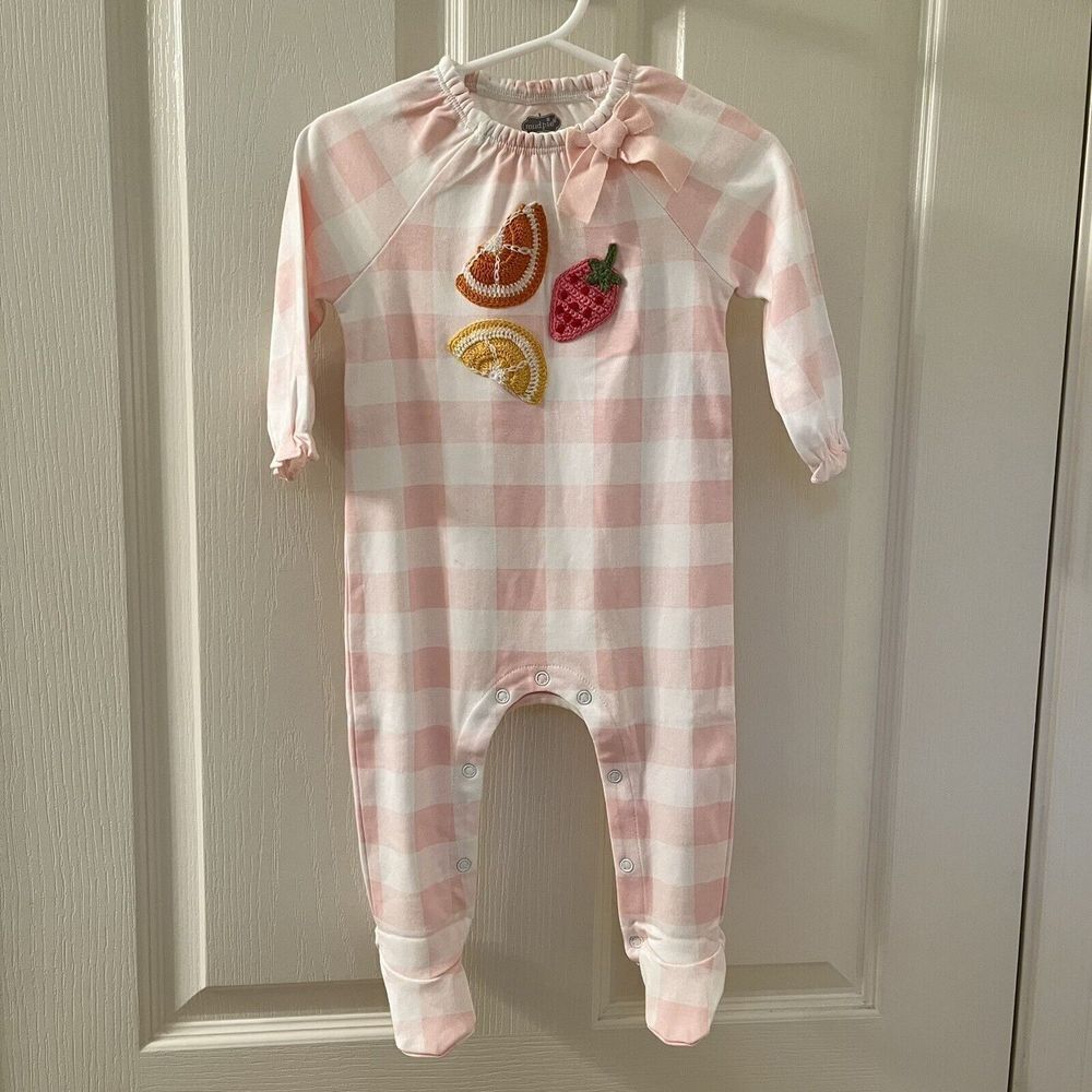 Mud Pie Fruit Applique Sleeper Footie Pink Gingham Girls Size 6-9 Months NWT